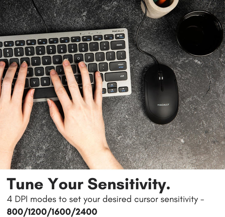 Macally Kabelgebundene USB-C-Maus für Mac und PC, schlank, leise und zuverlässig, 3 Tasten, Scrollra