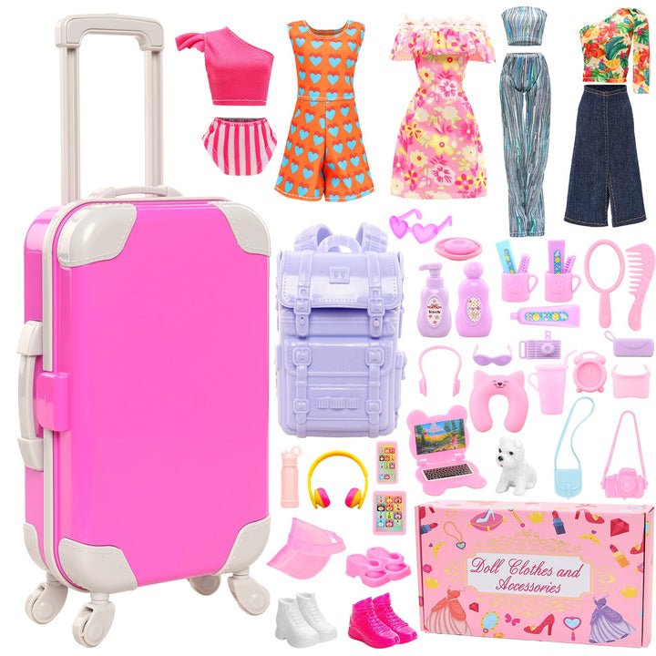 Miunana 40 PCS Spielzeugset Für Reiseaccessoires Einer Puppe Inklusive Reisegepäckkoffer 5 Kleidungs