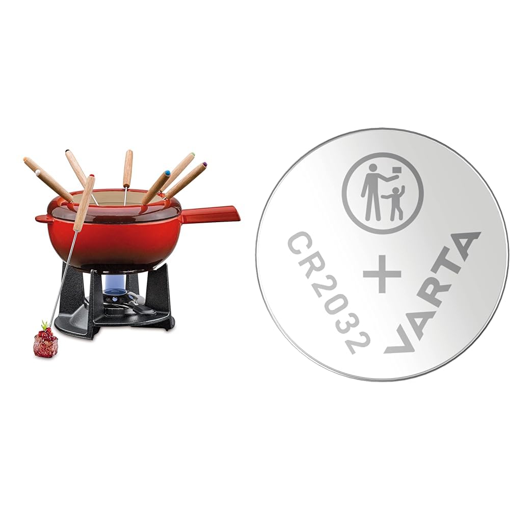 Spring Gusseisen Fondue Set rot | Ø 20 cm | mit 8 Fonduegabeln und Spritzschutz & VARTA Batterien Kn