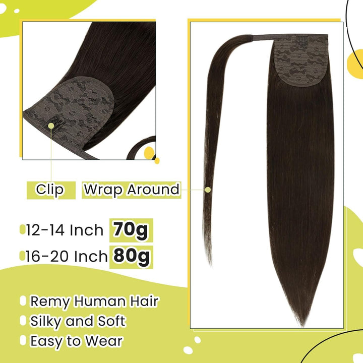 RUNATURE Braun Zopf Echthaar Haarverlängerung 50cm Lang Ponytail Extension Echthaar #2 Dunkelstes Br