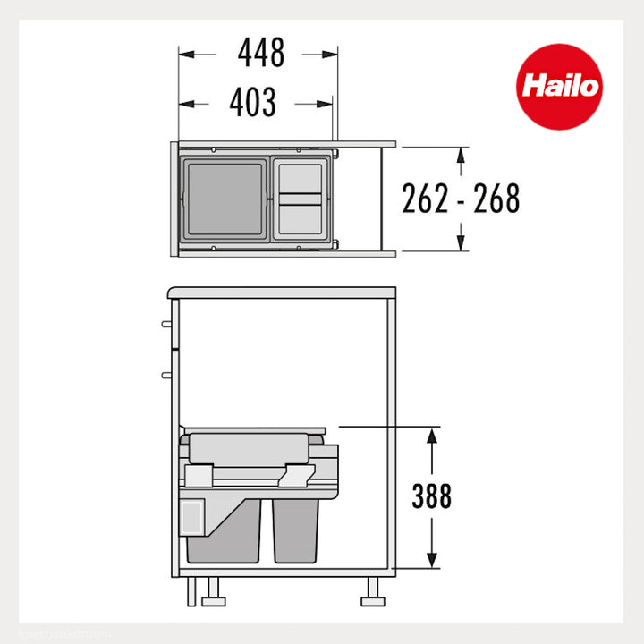 Hailo Abfallsammler 361087 | für 30 cm Schrank mit Möbelfront | 2fach Trennung 25 Liter | Mülleimer