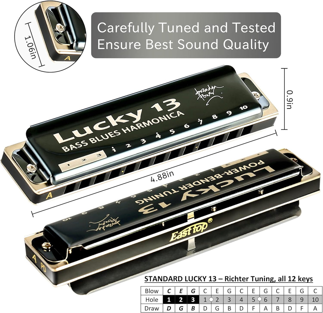 East top Lucky 13 Bass Plus Blues Harmonica 13 Holes Diatonic Harp Mouth Organ Professional Richter