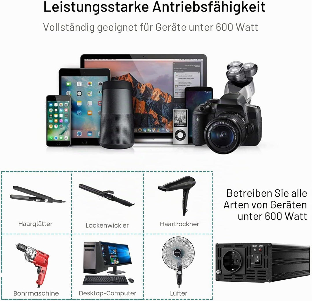 wechselrichter 12v auf 230v Reiner Sinus 600w 50HZ Spannungswandler mit Fernbedienung & Doppel-Digit
