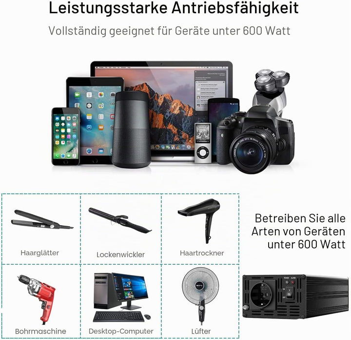 wechselrichter 12v auf 230v Reiner Sinus 600w 50HZ Spannungswandler mit Fernbedienung & Doppel-Digit