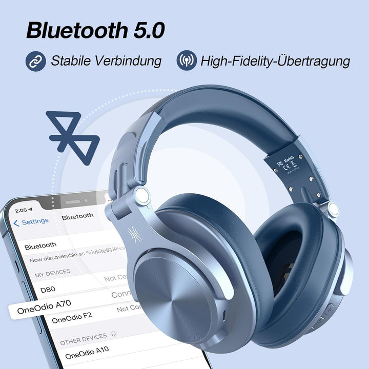 OneOdio A70 Bluetooth Kopfhörer Over Ear, 72 Stdn HiFi Stereo Kopfhörer Kabellos, Wireless Headphone