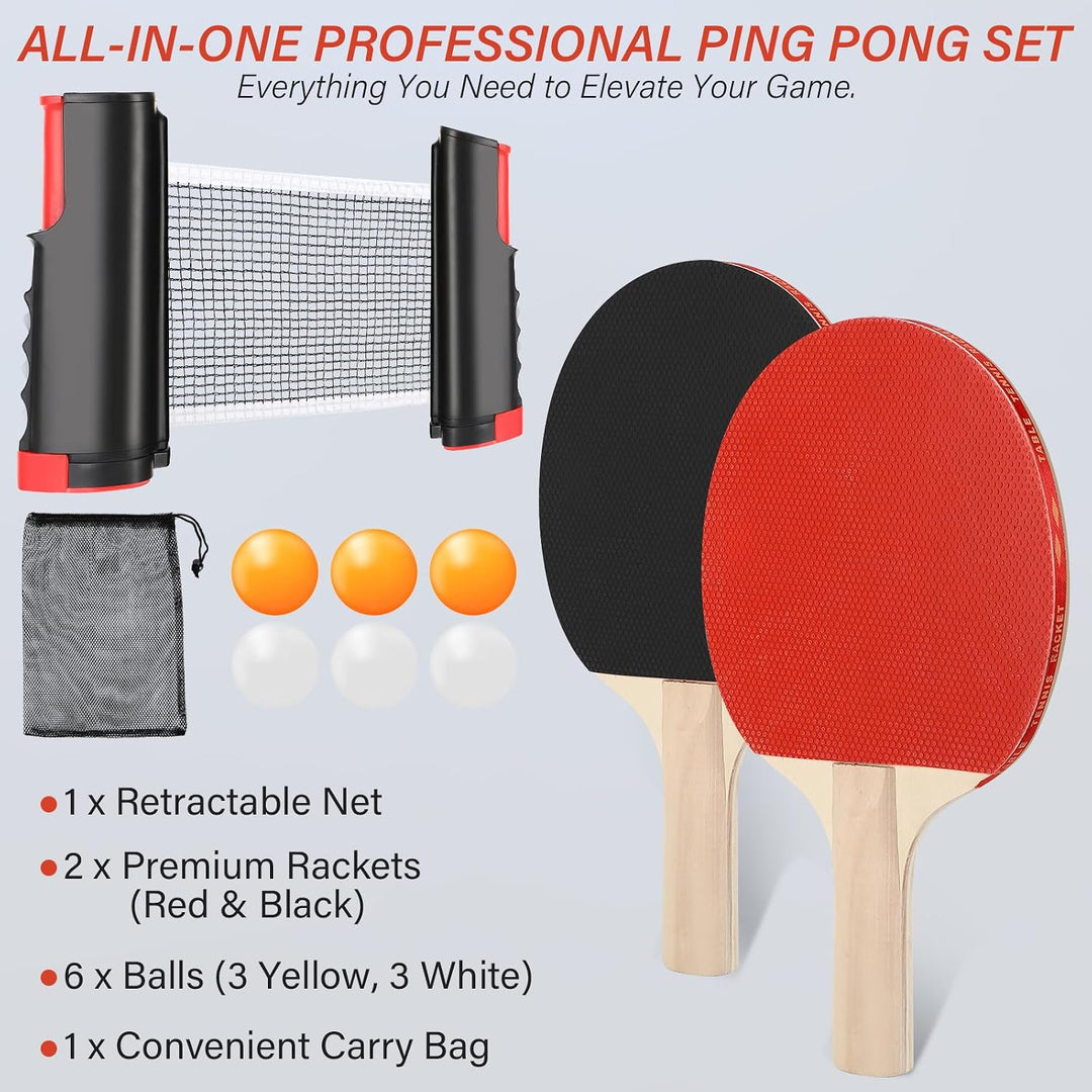Tischtennisschläger Set, Tischtennis Set mit Netz, 2 Tischtennisschläger + Ausziehbares Mobiles Tisc