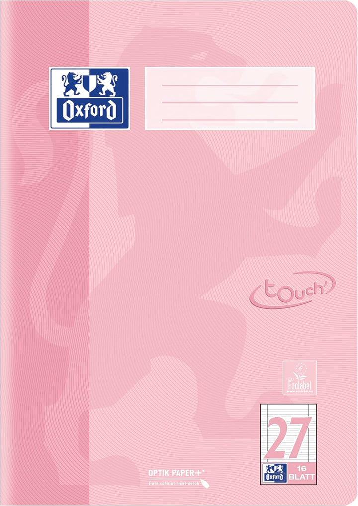 Oxford Schulheft A4 Touch, 16 Blatt, Lineatur 27, liniert, pastell koralle,15 Stück, Lineatur 27