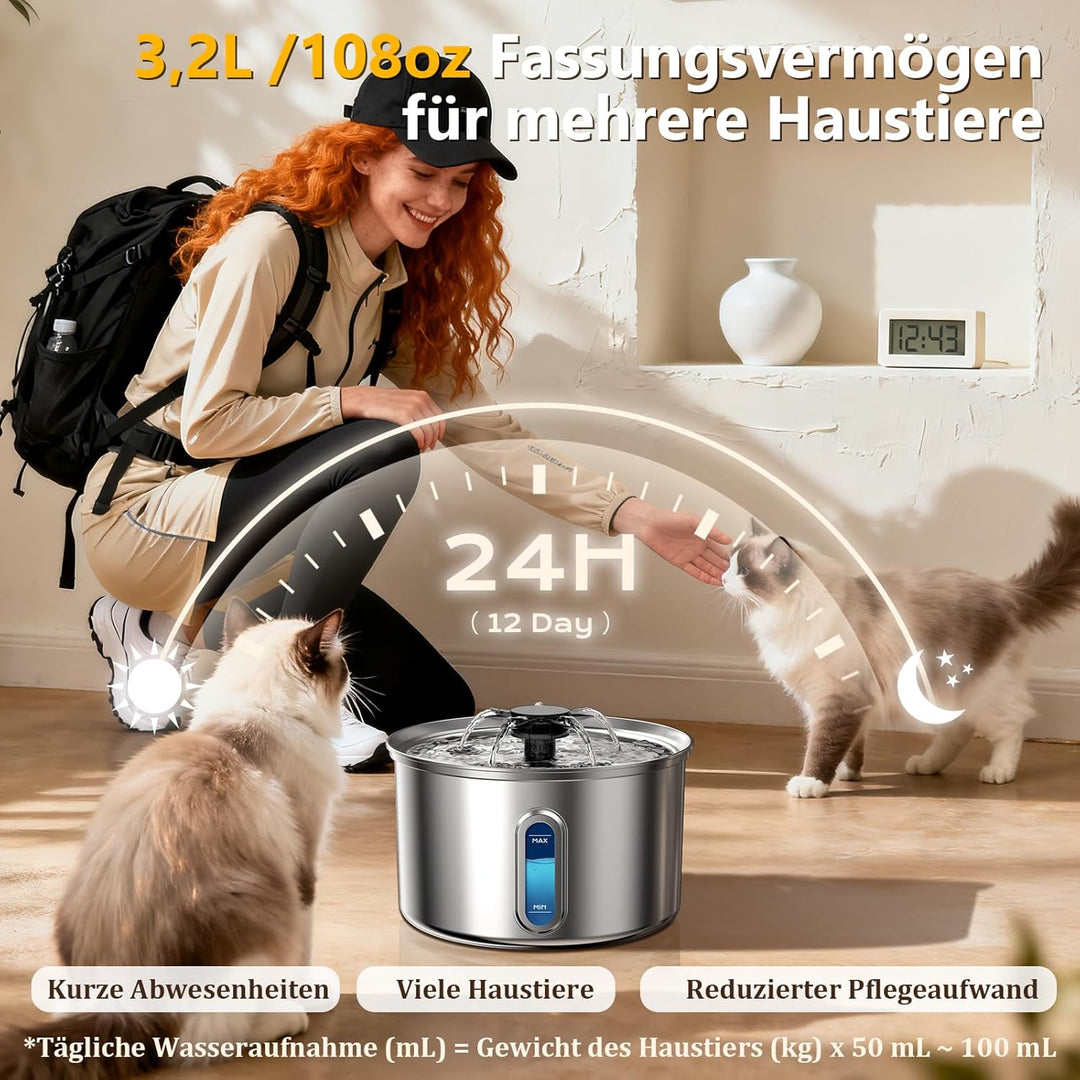 Katzenbrunnen Edelstahl 3,2L/112oz Trinkbrunnen für Katze mit Wasserbrunnen, Vierfach-Filtersystem,