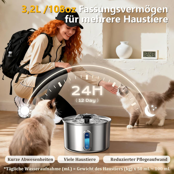 Katzenbrunnen Edelstahl 3,2L/112oz Trinkbrunnen für Katze mit Wasserbrunnen, Vierfach-Filtersystem,