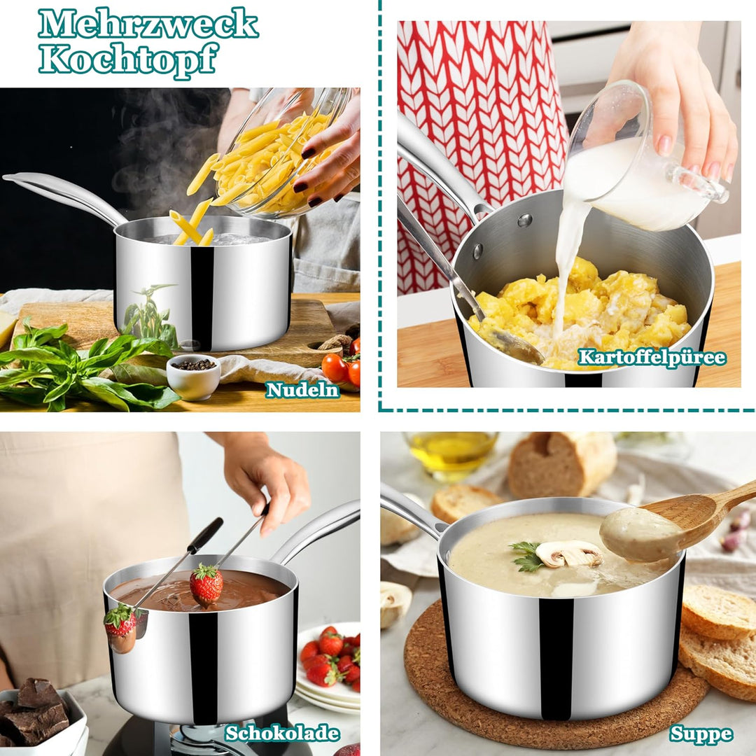 Homikit 16cm Stielkasserolle, 3-Lagen Edeastahl Kasserolle, Glasdeckel, Milchtopf Induktion 1,9L, Un