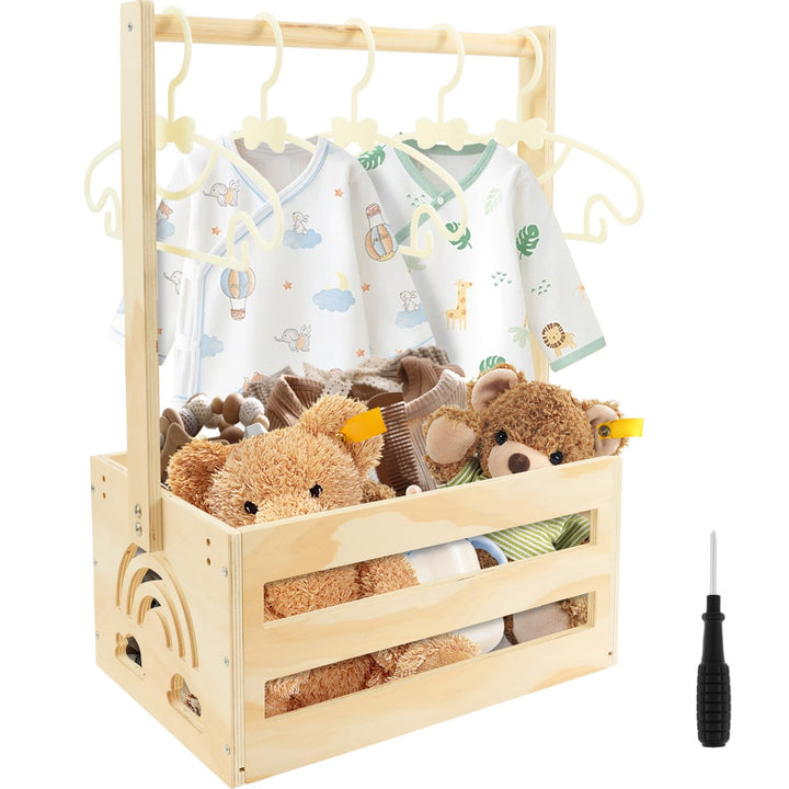 Baby Geschenk Korb,Holz Baby AufbewahrungSkorb mit Griff und 5 KleiderständerBabyparty Dusche Kiste