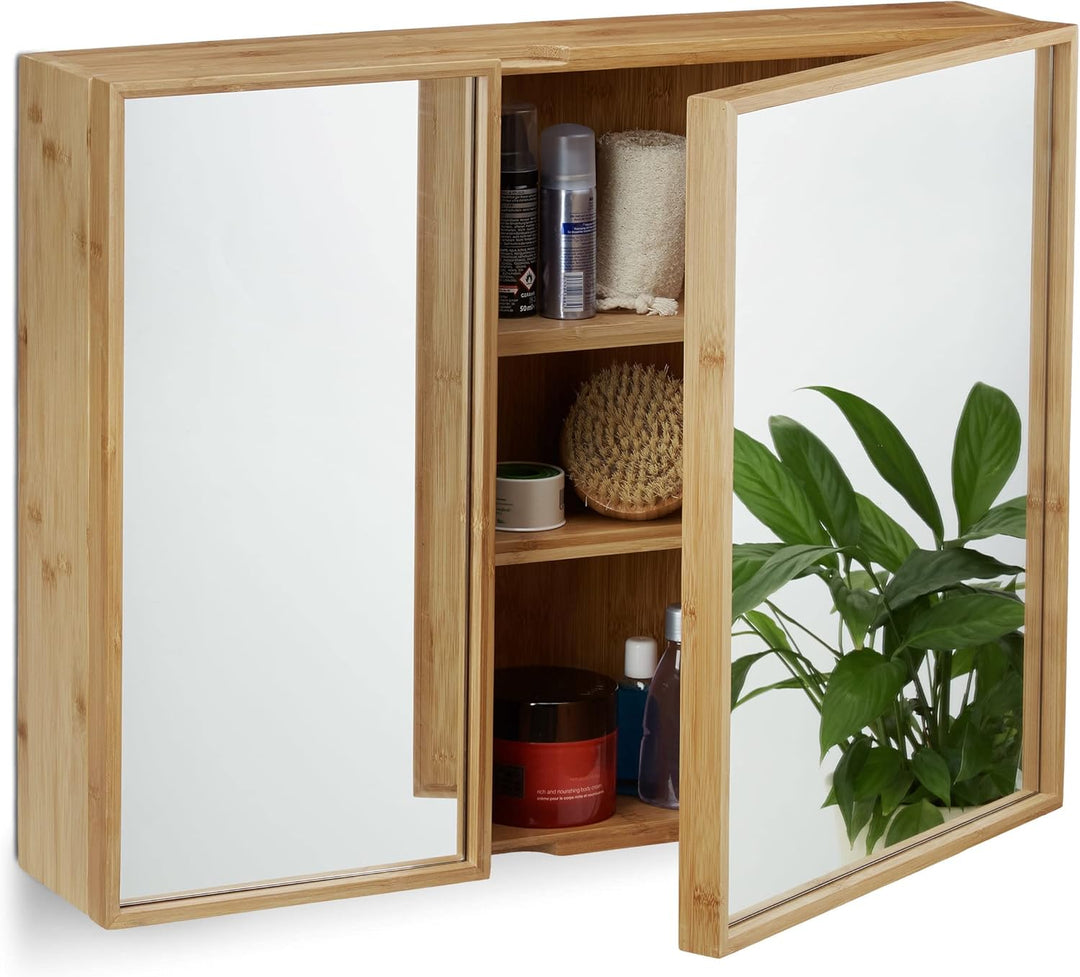 Relaxdays Bad Spiegelschrank 2-türig, Wandschrank aus Bambus, vormontierter Badschrank HxBxT: 50 x 6