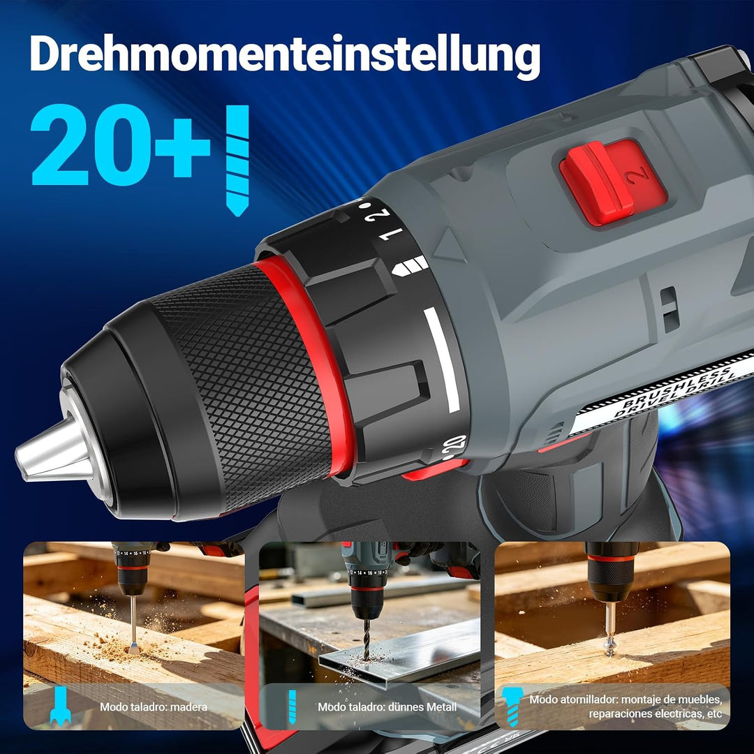 Bürstenlos Akkuschrauber 21V, Akku Bohrschrauber mit 2 Akkus 2.0Ah, 55 Nm, 20+1 Drehmomentstufen, 2