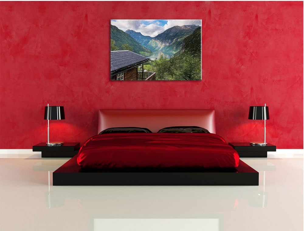 Pixxprint Hütte in schöner Umgebung Kunst Buntstift Effekt, Format: 100x70 auf Leinwand, riesige Bil