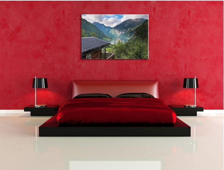 Pixxprint Hütte in schöner Umgebung Kunst Buntstift Effekt, Format: 100x70 auf Leinwand, riesige Bil