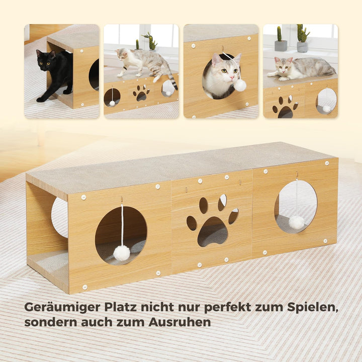 PETEPELA 100cm Kratzbrett für Katzen, hochwertige Kratzpappe mit Spielball als Möbelschutz in Beige