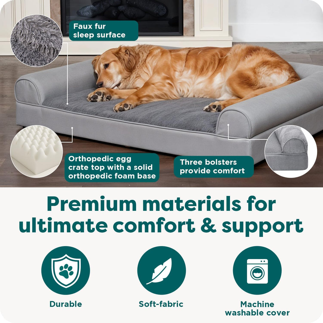 Furhaven Large Orthopedic Dog Bed Faux Fur & Velvet Sofa-Style w/ Removable Washable Cover - Dark Sa