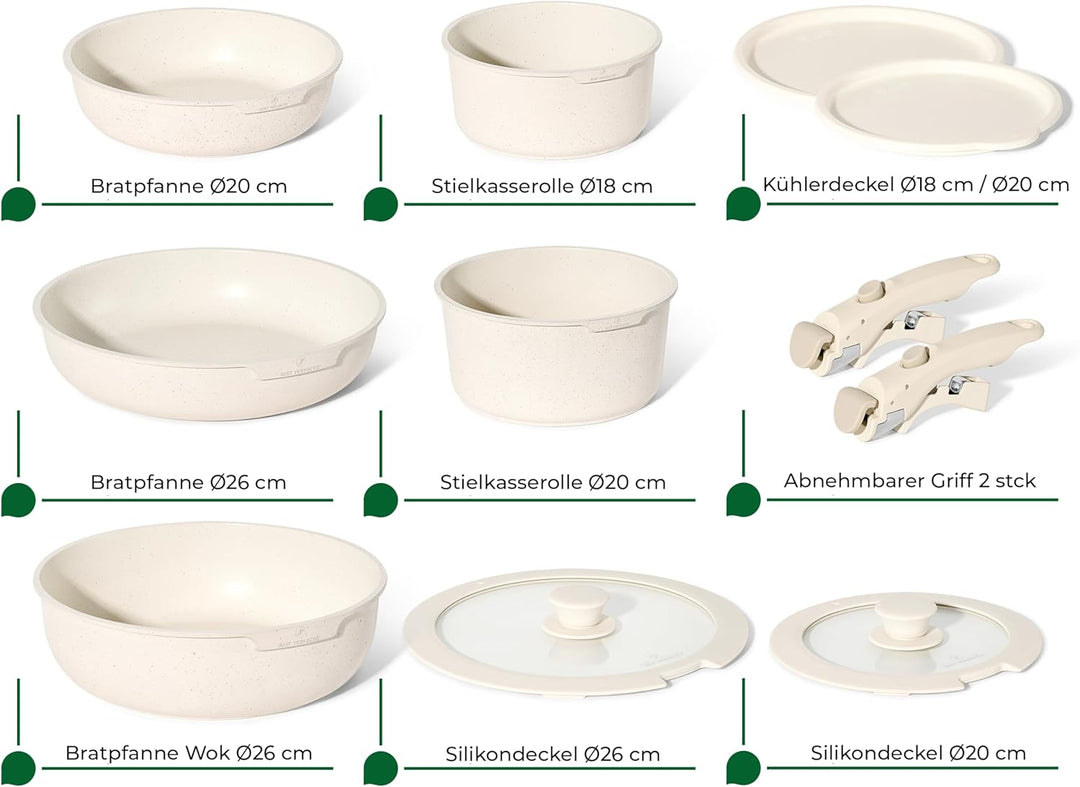 Just Perfecto Töpfe Pfannen 11-Teilig,Topfset Pfannenset mit abnehmbaren Griffen,Pfanne 20/26cm,Topf