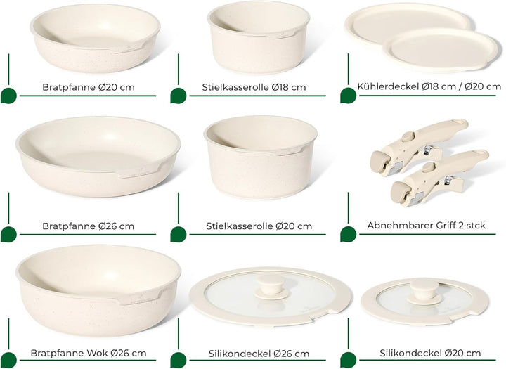 Just Perfecto Töpfe Pfannen 11-Teilig,Topfset Pfannenset mit abnehmbaren Griffen,Pfanne 20/26cm,Topf