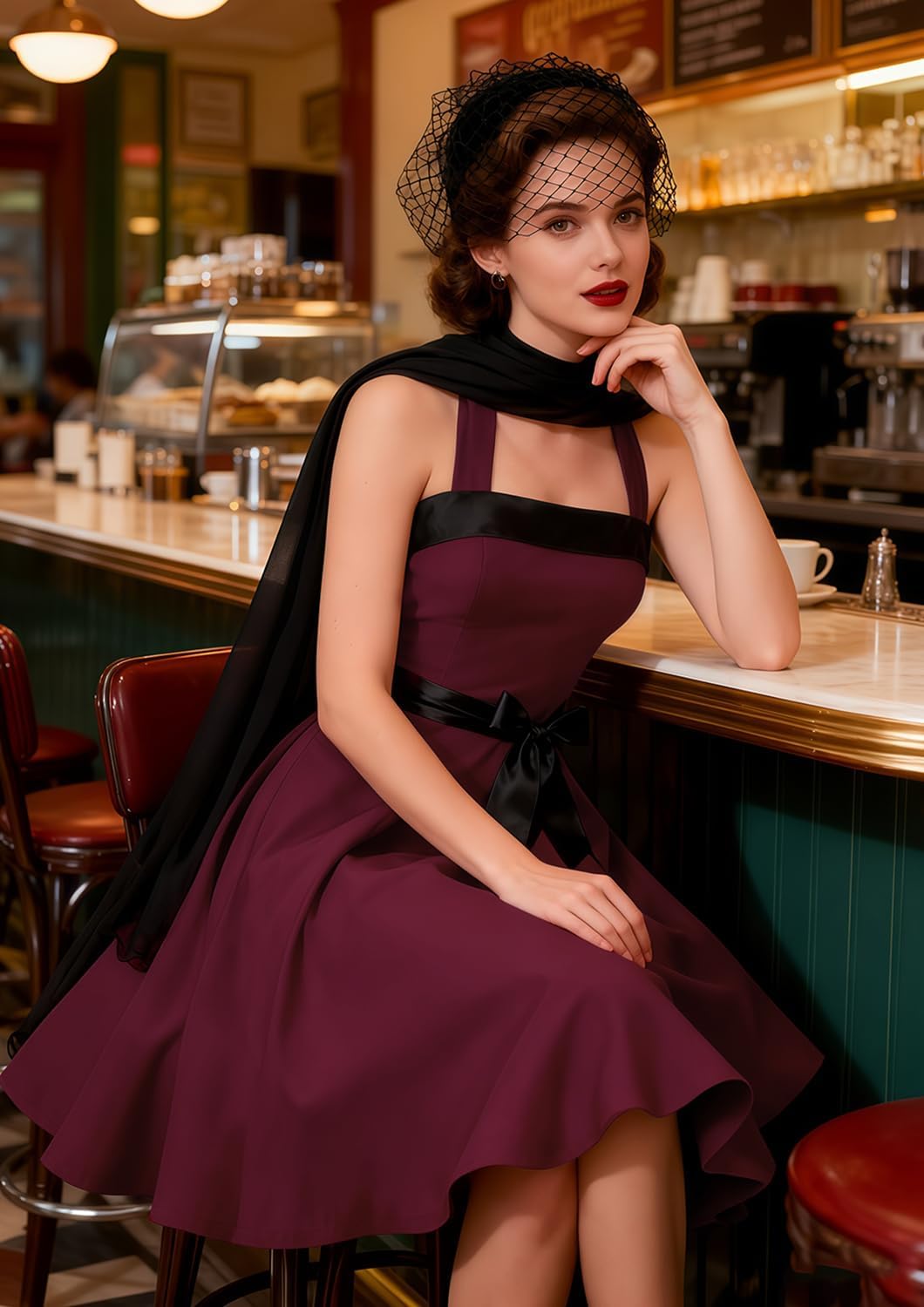 Damen Vintage Cocktailkleid Knielang Neckholder Swing Retro Rockabilly Kleid A-burgundy XXL, A-burgu