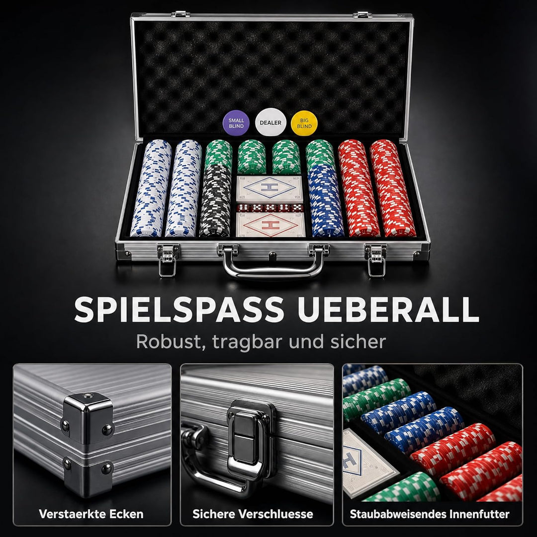 Pokerkoffer Set – 300 professionelle 11,5g Casino Pokerchips mit Eisenkern, Aluminiumkoffer, Zubehör