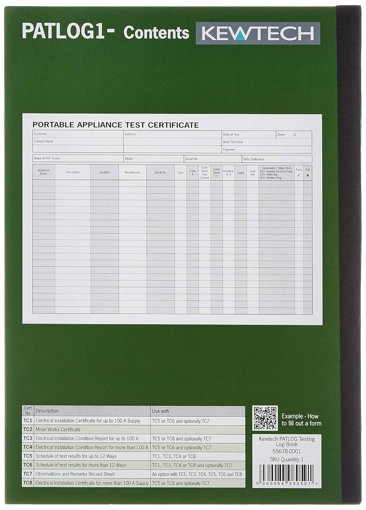 Kewtech PATLOG1 PAT-Test, A4 Logbuch