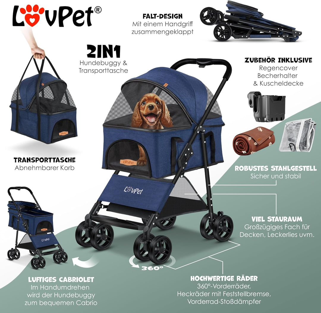 LOVPET® Hundewagen 2in1 Hundebuggy Hundebox Transporttasche Faltbar klappbar bis 20kg Haustiere Bugg