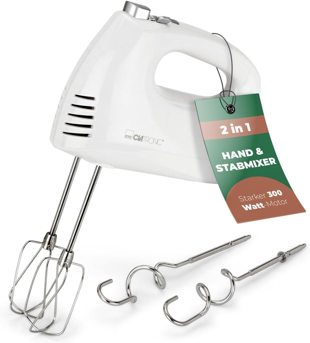 Clatronic Handmixer HM 3524, Set mit Mixstab, Edelstahlquirle & extra lange Knethaken, 5 Geschwindig