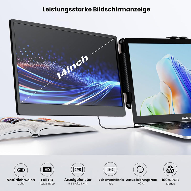 SMISEACOW Tragbarer Monitor S2 – Mobile Laptop Bildschirm Erweiterung 14 Zoll FHD 1080P Portable Mon