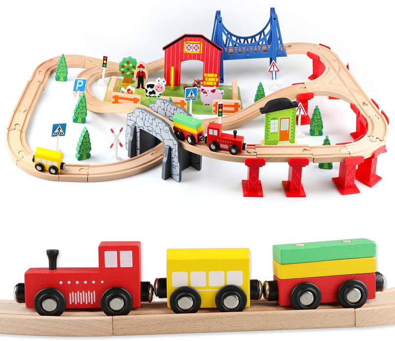 Jacootoys 80 Teile Holzeisenbahn Set Eisenbahn aus Holz Zug Spielzeug kombinierbar Spielzeugeisenbah