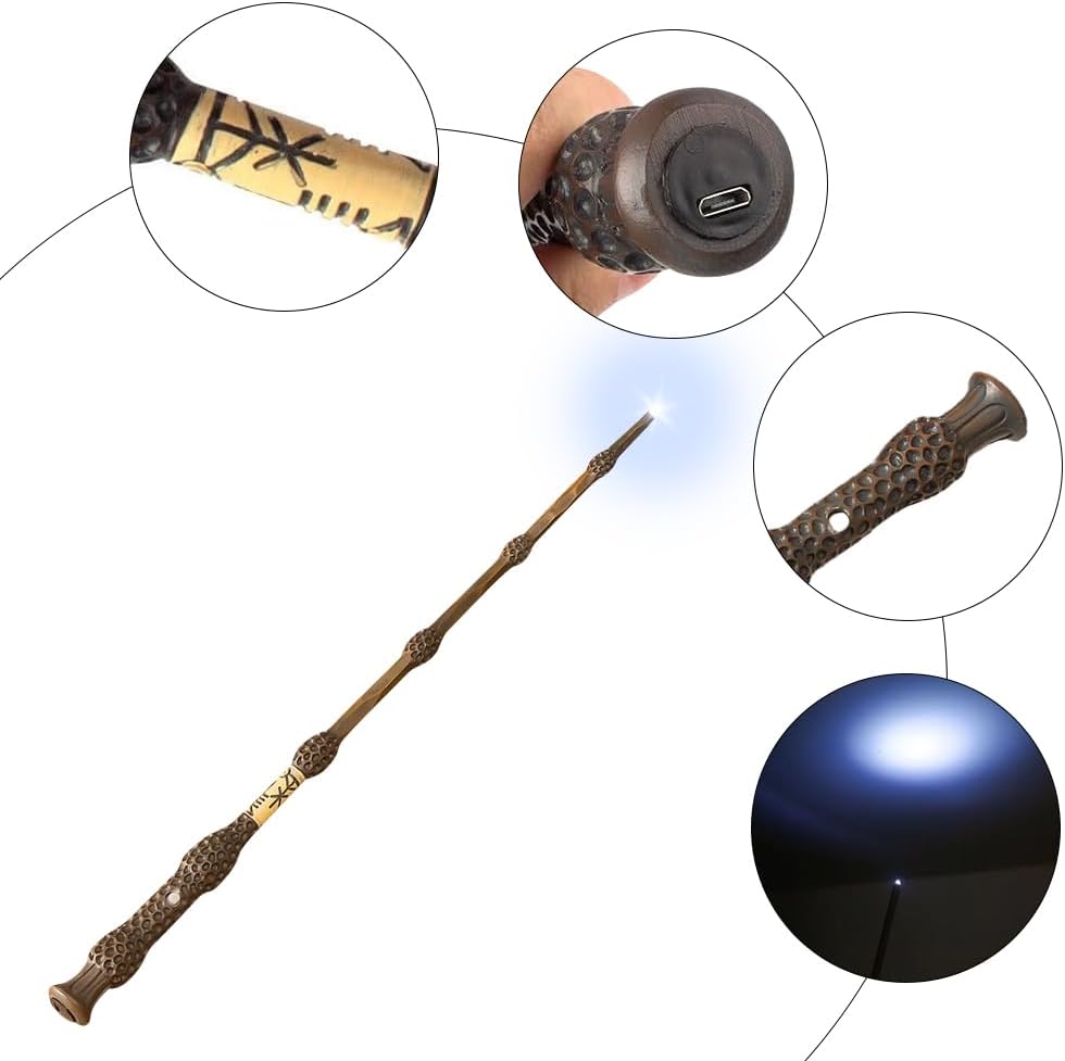Elderstab Zauberstab Glühen, 38 cm Dumbledore Zauberstab mit Licht, USB Aufladung Zauberstabs Dumble