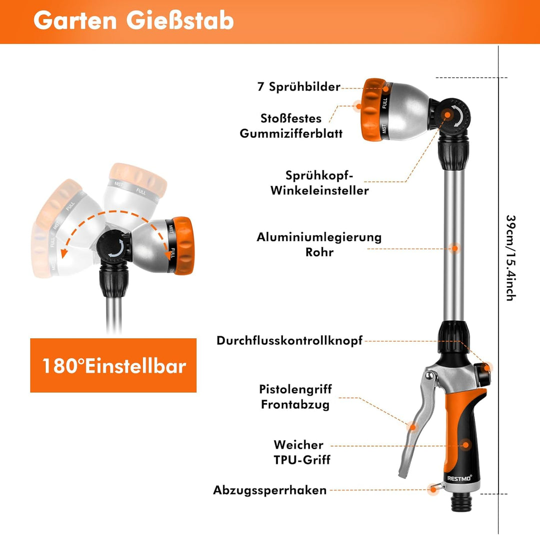 RESTMO Garten Giessstab Metall, 39cm Lang Gartenbrause mit Stiel, 180° schwenkbaren Kopf Stabbrause