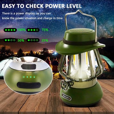 LED Campinglampe Aufladbar, Retro Outdoor Campingleuchte mit Bluetooth Lautsprecher, Stufenlos Dimmb