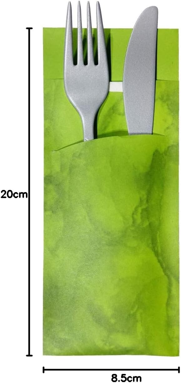 520 Bestecktaschen mit Serviette apfel-grün marmoriert 20 cm