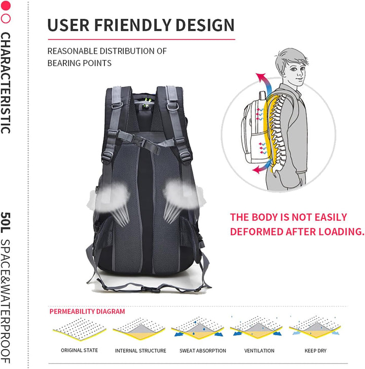 Bseash 50L Leichter wasserfester Wanderrucksack, Outdoor Sport Tagesrucksack Multifunktions Reisetas
