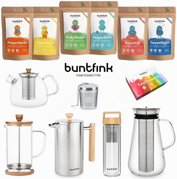 buntfink®„TeaPot“ Teekanne Glas mit Siebeinsatz für 1.300 ml I Glasteekanne mit Siebeinsatz aus Boro