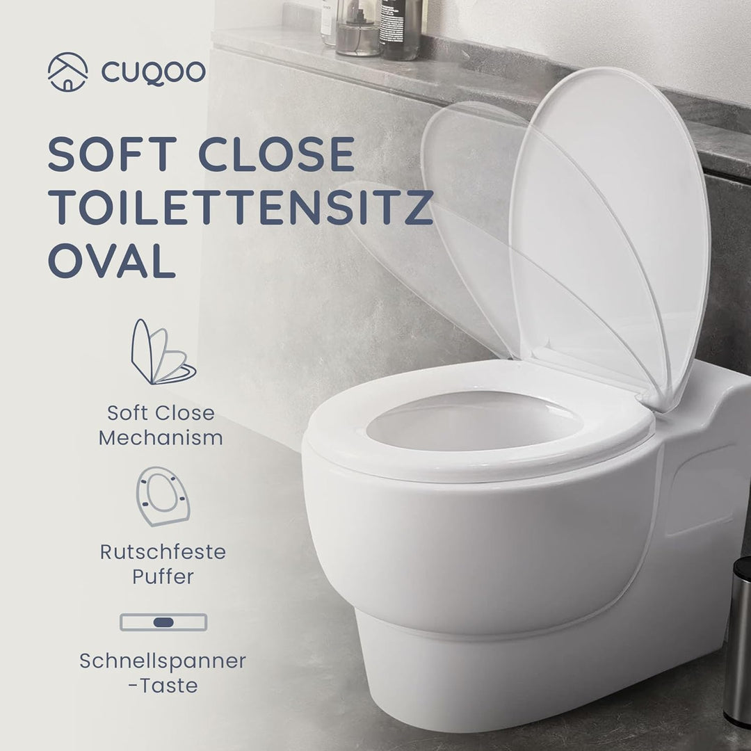 CUQOO WC-Sitz mit Absenkautomatik und Schnellverschluss – Ovaler Toilettensitz in Weiss | Verstellba