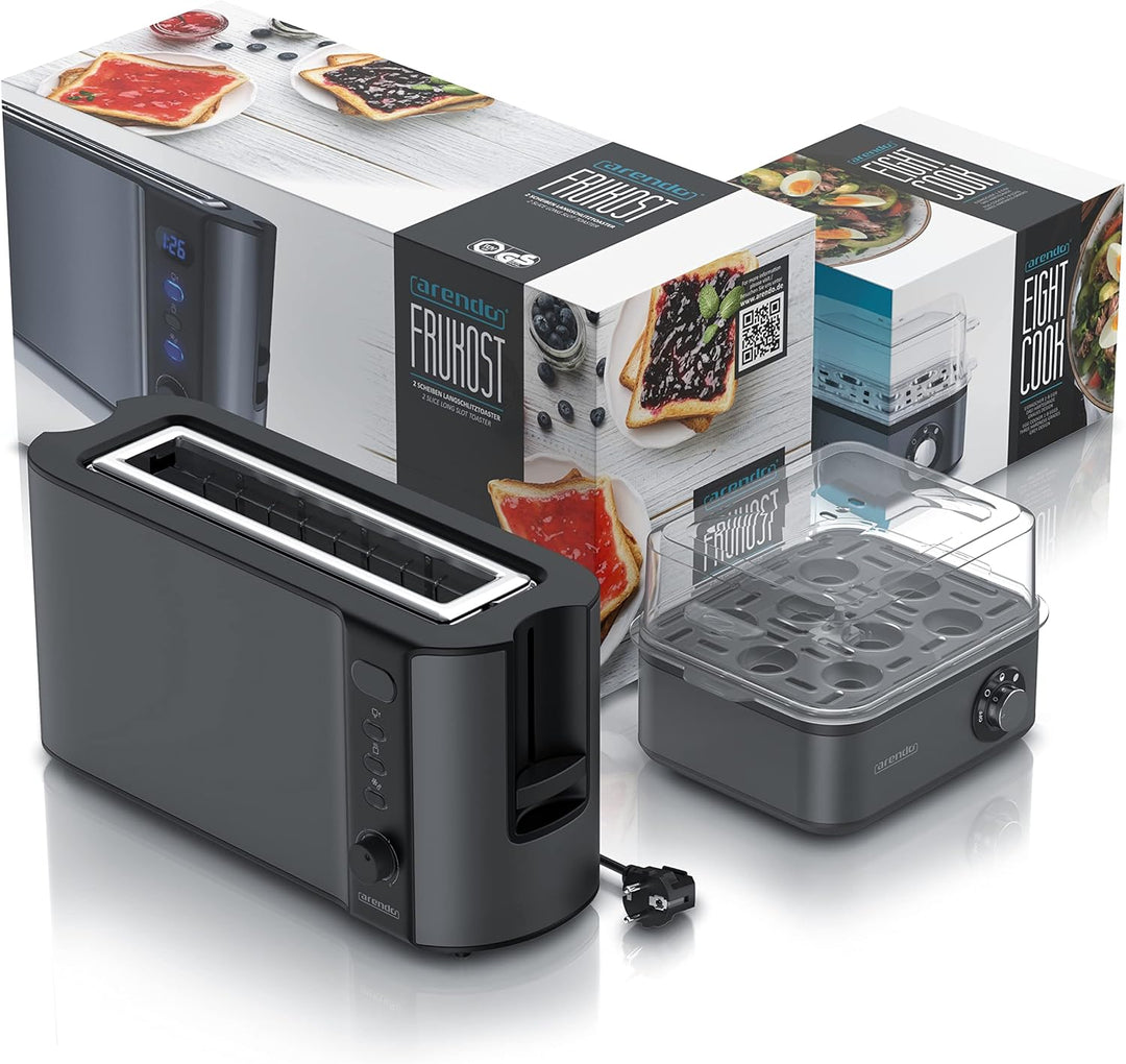 Arendo SET Toaster FRUKOST mit Eierkocher EIGHTCOOK Edelstahl Cool Grey Toaster 2 Scheiben LED-Displ