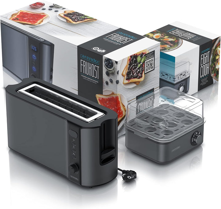 Arendo SET Toaster FRUKOST mit Eierkocher EIGHTCOOK Edelstahl Cool Grey Toaster 2 Scheiben LED-Displ