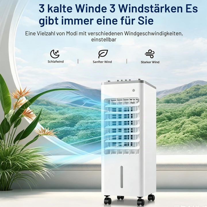 Ventilator mit Wasserkühlung, 6-Liter Verdunstungskühler mit Fernbedienung &amp; 2 Kühlakkus, 4-in-1-Rau