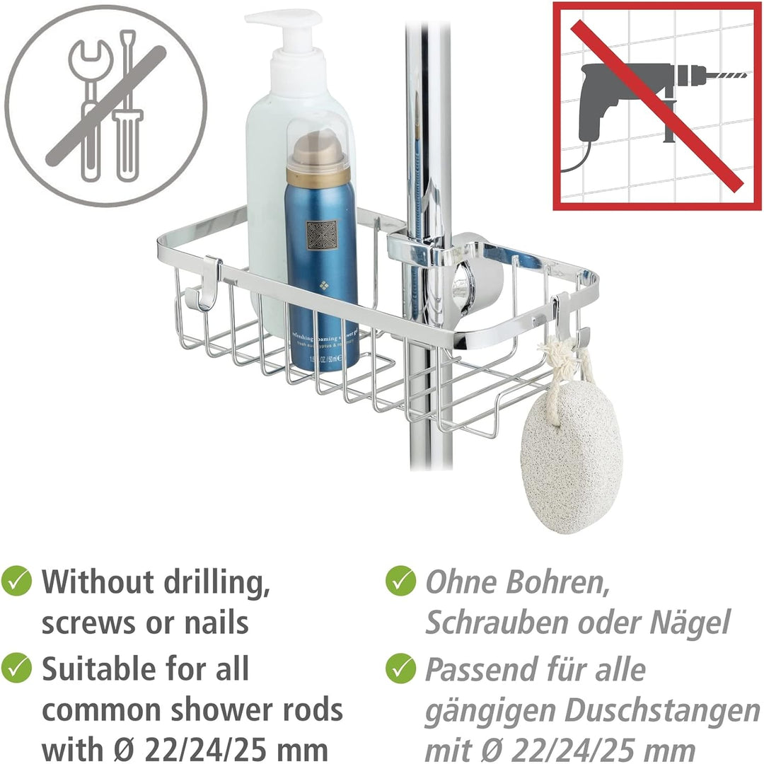 WENKO Duschstangen-Caddy Floresta Eckig, Duschablage aus verchromtem Edelstahl, Montage ohne Schraub