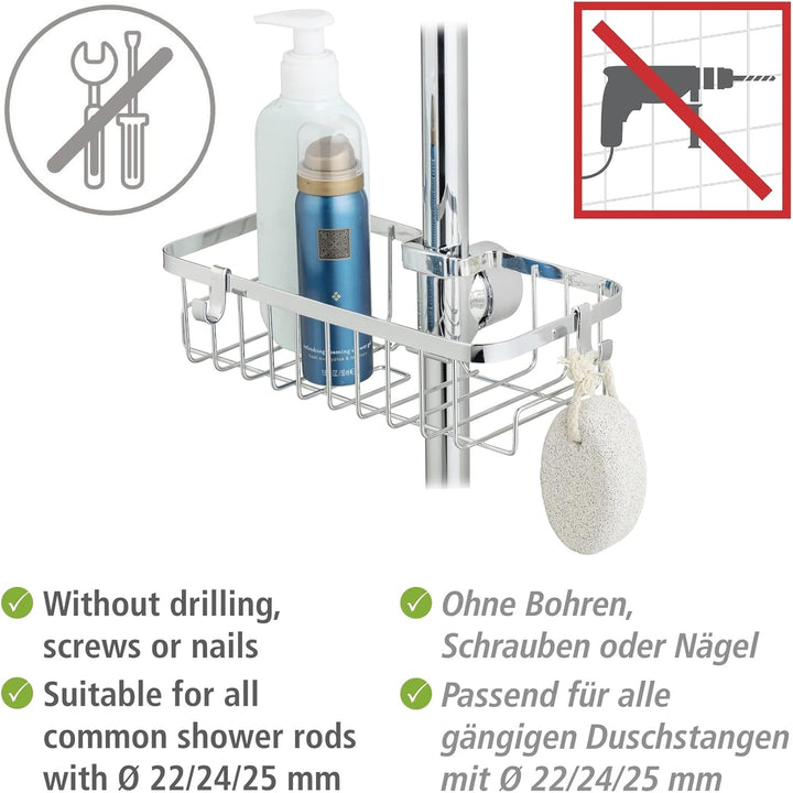 WENKO Duschstangen-Caddy Floresta Eckig, Duschablage aus verchromtem Edelstahl, Montage ohne Schraub