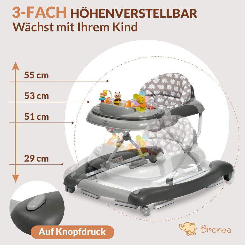 BRONEA 4-in-1 Gehfrei Baby ab 6 Monate | Lauflernwagen mit Schaukelfunktion und Spielpaneel mit Musi