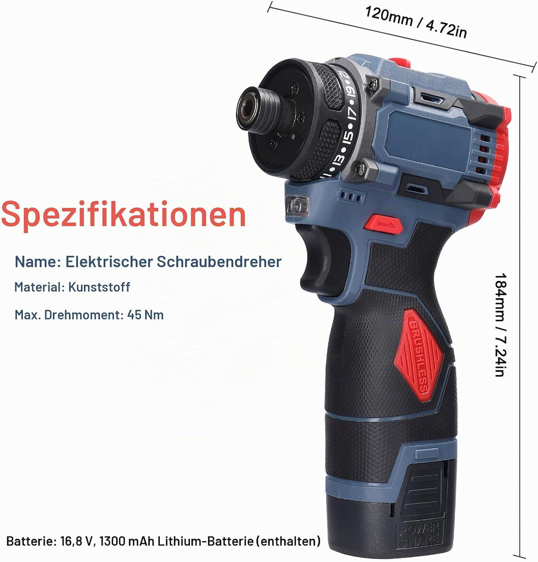 Weytoll Akku Bohrschrauber, 16.8V Akku-Bohrschrauber Set mit 1300mAh Akku*2, Drehmoment auf 23+1 Stu