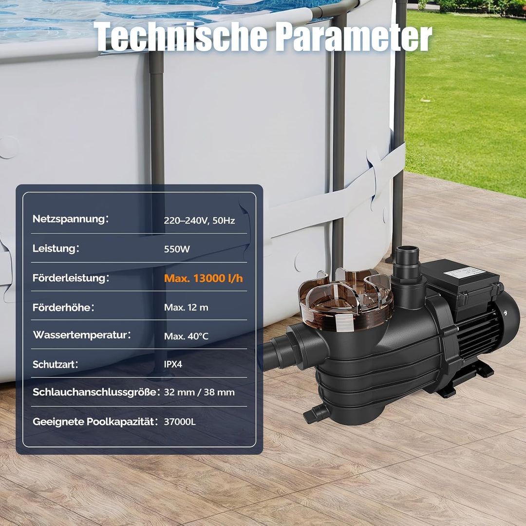 LEADZM Poolpumpe 13000 l/h, energieeffiziente Filterpumpe (550 W) für Pools bis 37.000 l, Förderhöhe