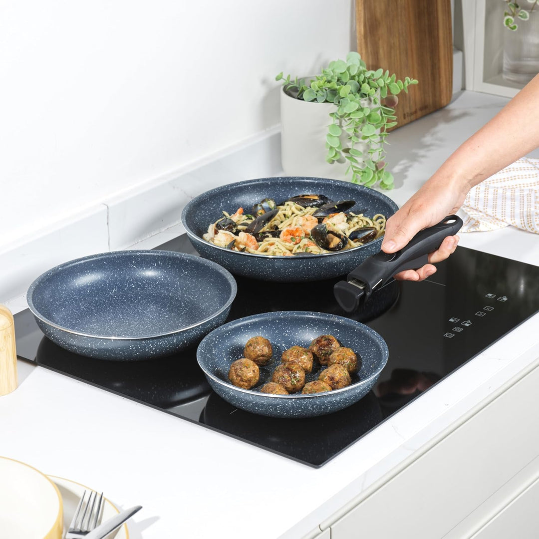 Russell Hobbs Nightfall Stone Pfannenset – Smart Clip Antihaftpfannen, 20, 24 & 28 cm, mit abnehmbar