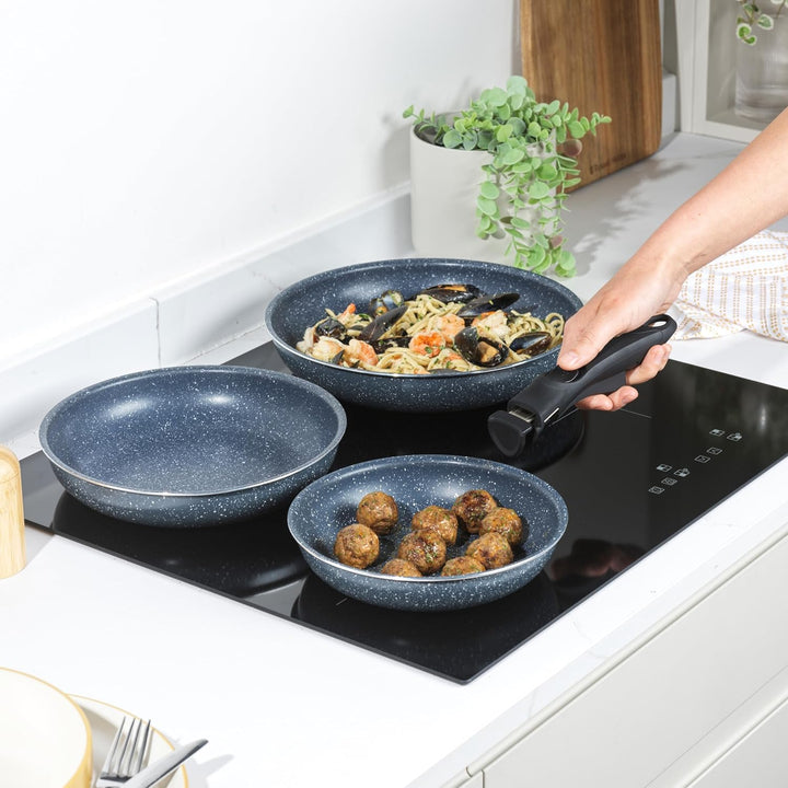 Russell Hobbs Nightfall Stone Pfannenset – Smart Clip Antihaftpfannen, 20, 24 & 28 cm, mit abnehmbar