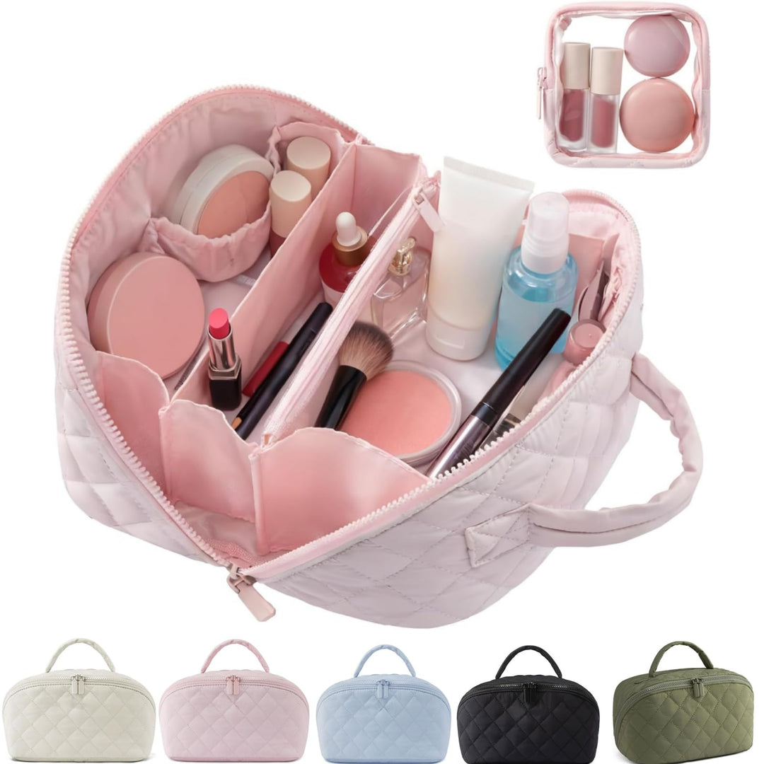 Travel Makeup Bag for Women – Large Capacity Waterproof Puffer Cosmetic Organizer, 180° Lay-Flat Toi