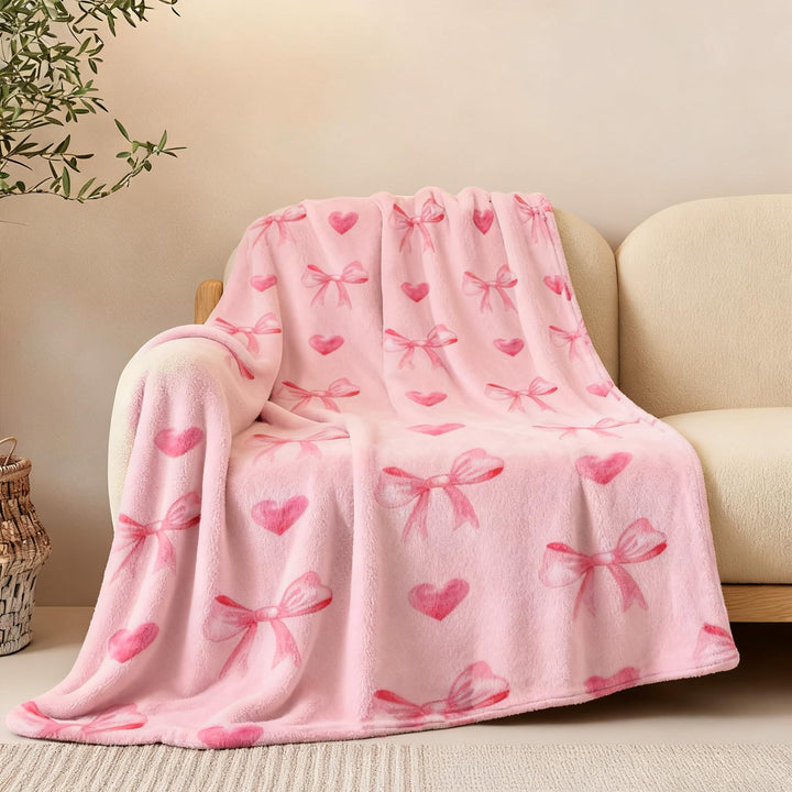 Rosa Schleife Flauschig Kuscheldecke, Decke Aesthetic mit Schleifen und Herzen, Kuscheldecke 130x150