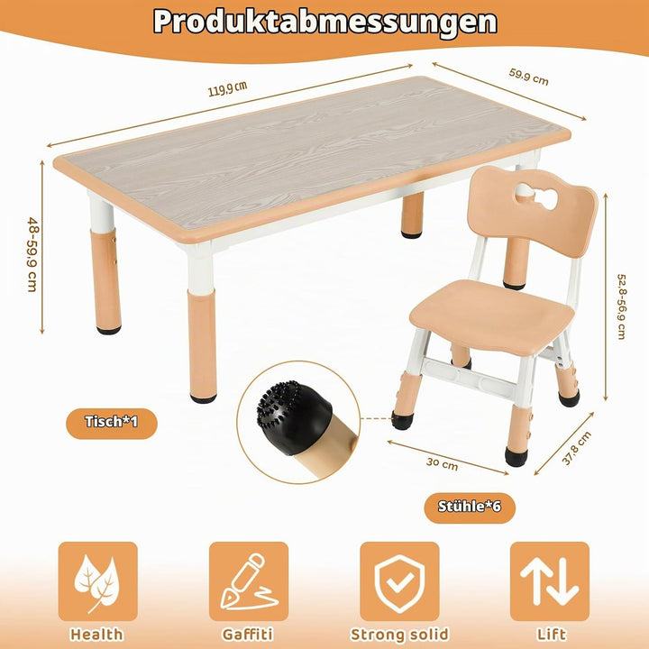Clevich Kindertisch mit 6 Stühlen,Kinder Tisch Stuhl Set für Kindergarten und Kinderzimmer,Kindertis